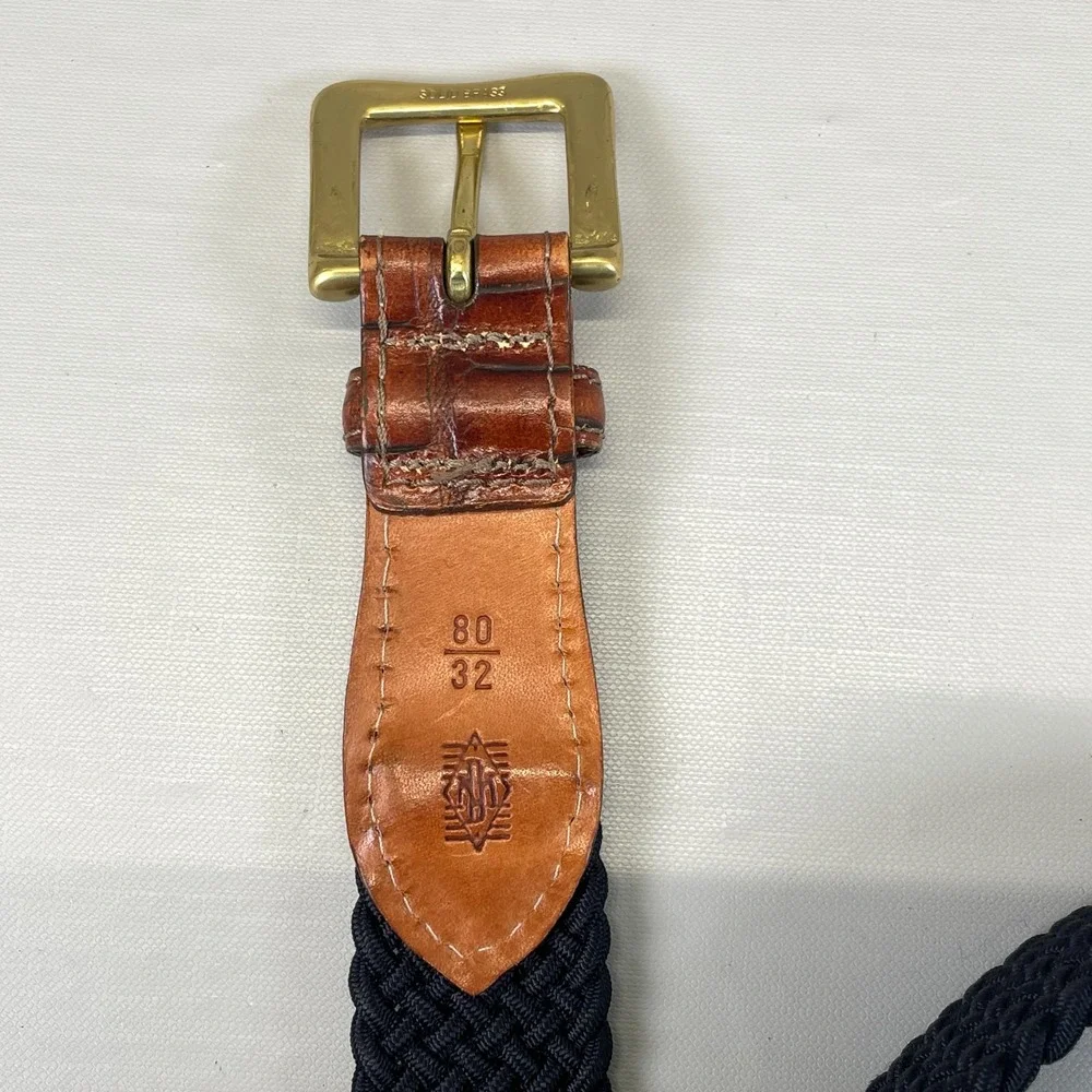 Martin Dingman Brown Blue Leather Belt Mens Size 32 Croc Embossed Stretch Woven